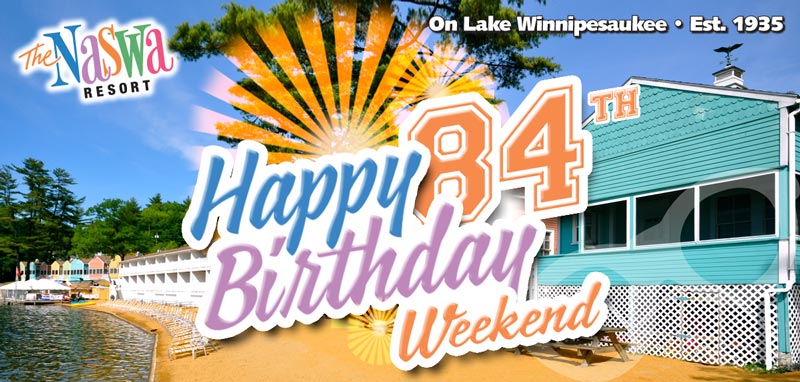 The NASWA Resort beach cottages. Text: Happy 84th birthday weekend
